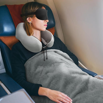 Travel Pillow and Blanket Set Neck Pillows Soft Blankets with Sleep Mask Travel Essentials for Airplane Car Memory Foam Blue Green