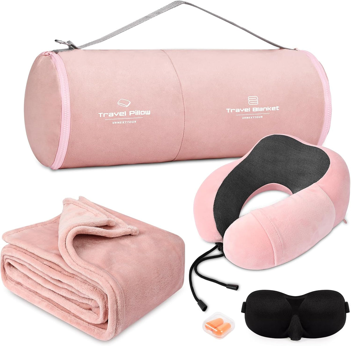 Travel Pillow and Blanket Set Neck Pillows Soft Blankets with Sleep Mask Travel Essentials for Airplane Car Memory Foam Blue Green