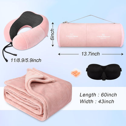 Travel Pillow and Blanket Set Neck Pillows Soft Blankets with Sleep Mask Travel Essentials for Airplane Car Memory Foam Blue Green