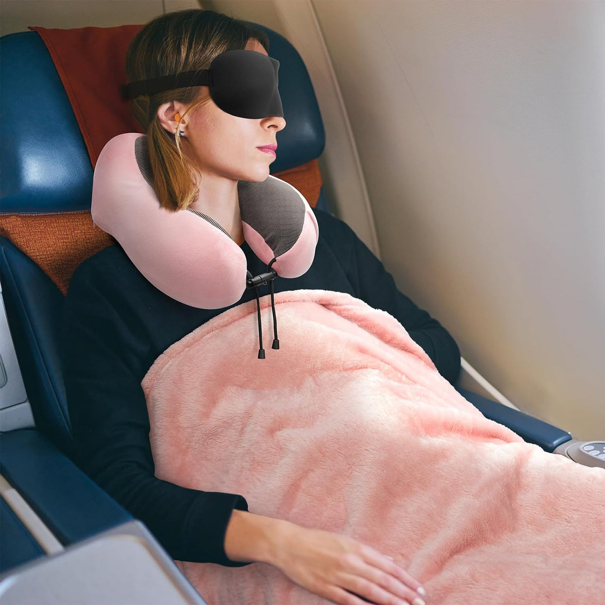 Travel Pillow and Blanket Set Neck Pillows Soft Blankets with Sleep Mask Travel Essentials for Airplane Car Memory Foam Blue Green