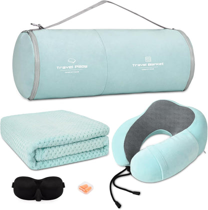 Travel Pillow and Blanket Set Neck Pillows Soft Blankets with Sleep Mask Travel Essentials for Airplane Car Memory Foam Blue Green