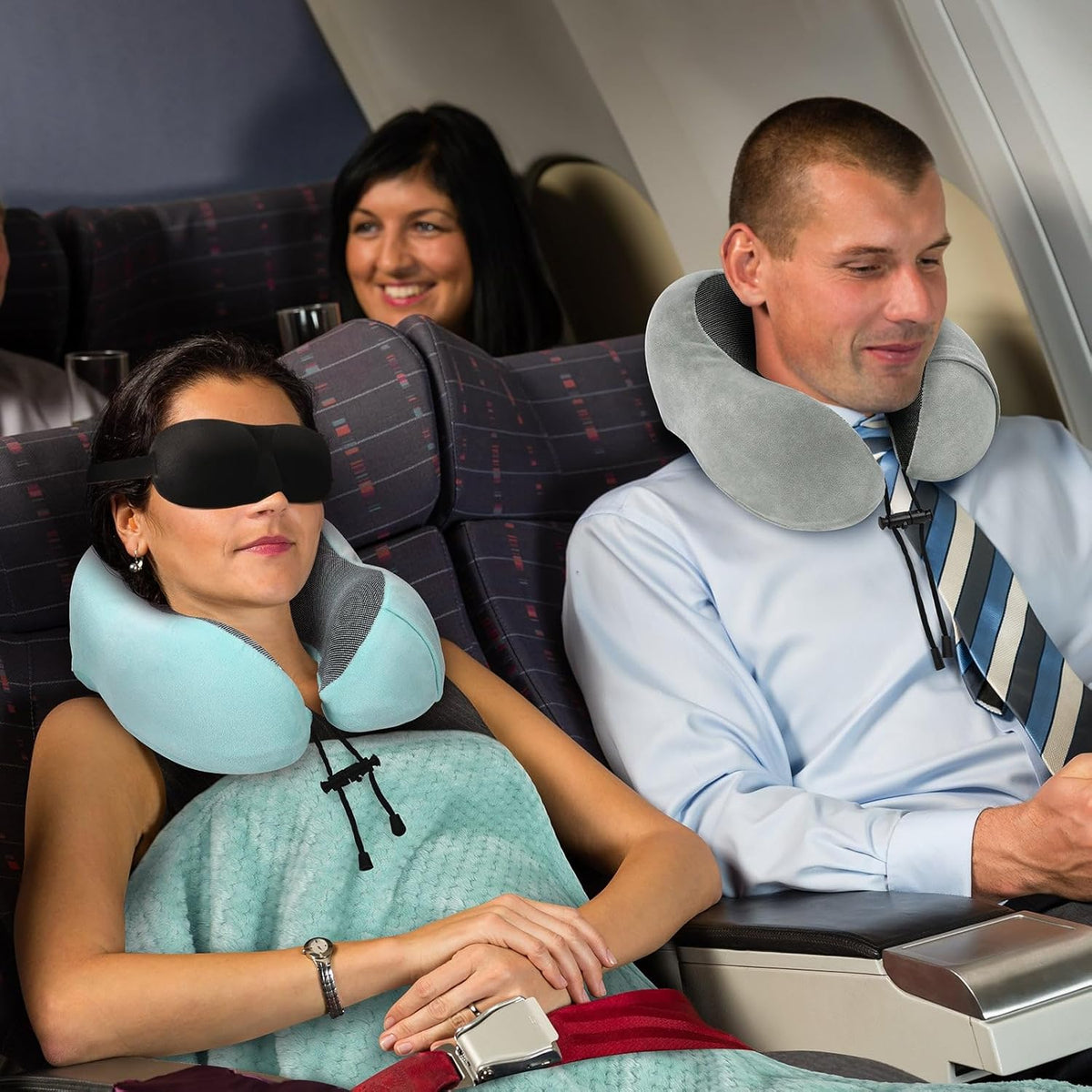 Travel Pillow and Blanket Set Neck Pillows Soft Blankets with Sleep Mask Travel Essentials for Airplane Car Memory Foam Blue Green