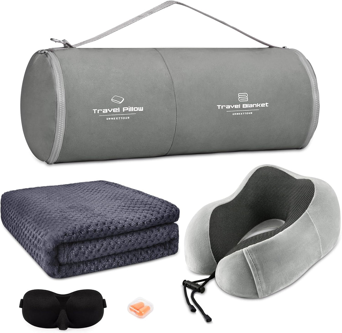 Travel Pillow and Blanket Set Neck Pillows Soft Blankets with Sleep Mask Travel Essentials for Airplane Car Memory Foam Blue Green