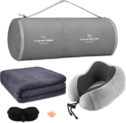 Travel Pillow and Blanket Set Neck Pillows Soft Blankets with Sleep Mask Travel Essentials for Airplane Car Memory Foam Blue Green