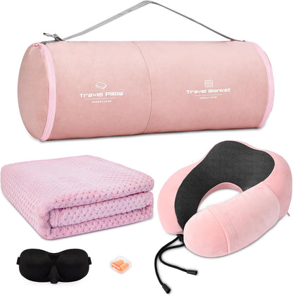 Travel Pillow and Blanket Set Neck Pillows Soft Blankets with Sleep Mask Travel Essentials for Airplane Car Memory Foam Blue Green