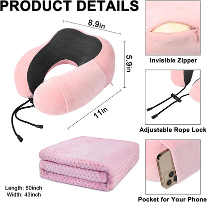 Travel Pillow and Blanket Set Neck Pillows Soft Blankets with Sleep Mask Travel Essentials for Airplane Car Memory Foam Blue Green