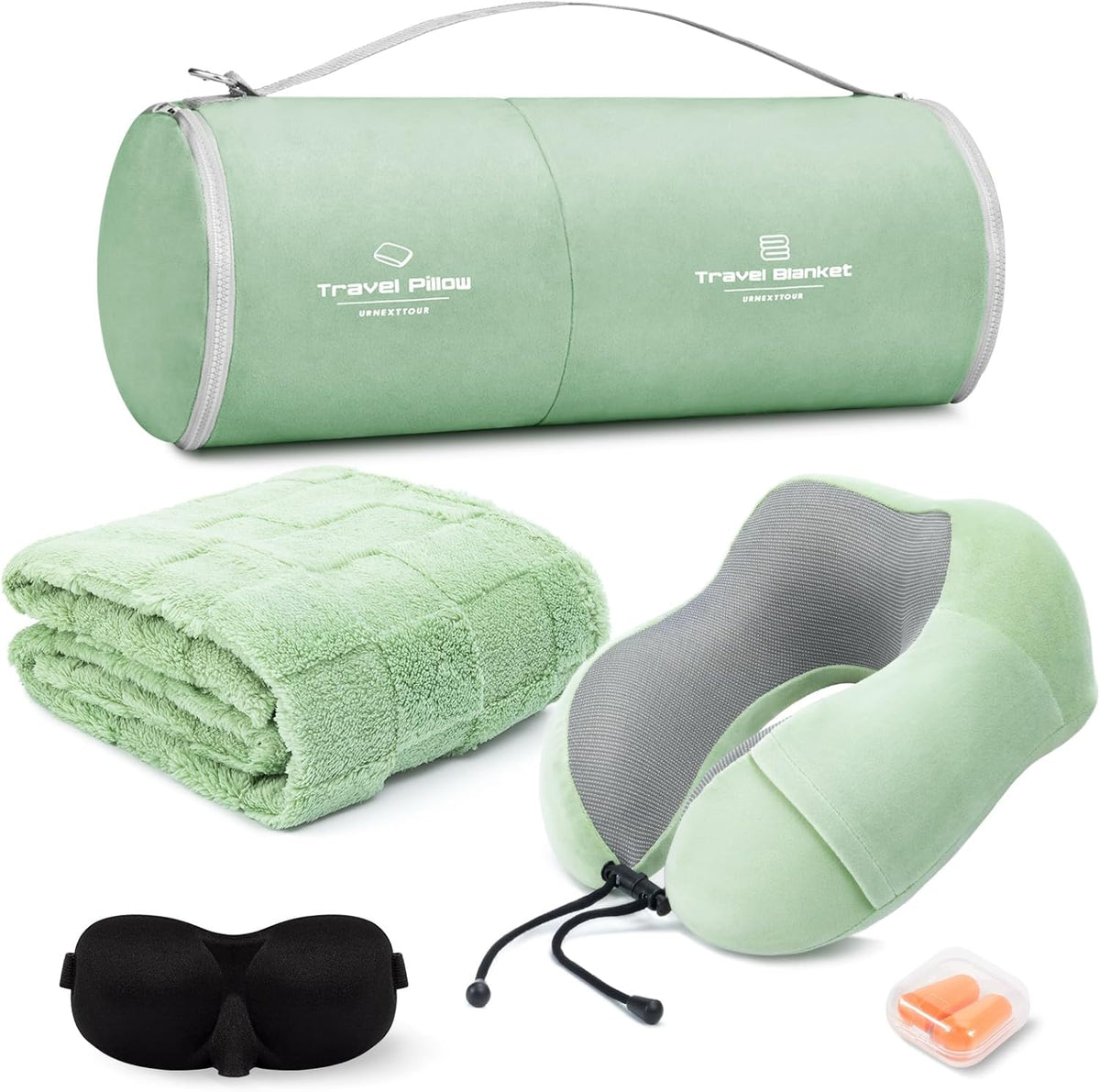 Travel Pillow and Blanket Set Neck Pillows Soft Blankets with Sleep Mask Travel Essentials for Airplane Car Memory Foam Blue Green