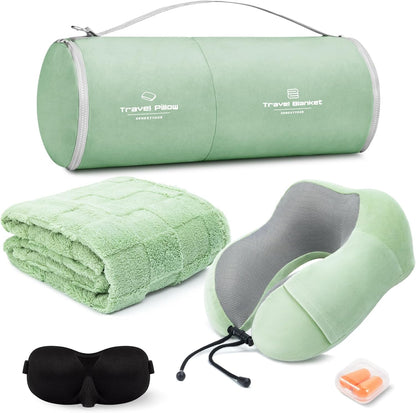 Travel Pillow and Blanket Set Neck Pillows Soft Blankets with Sleep Mask Travel Essentials for Airplane Car Memory Foam Blue Green
