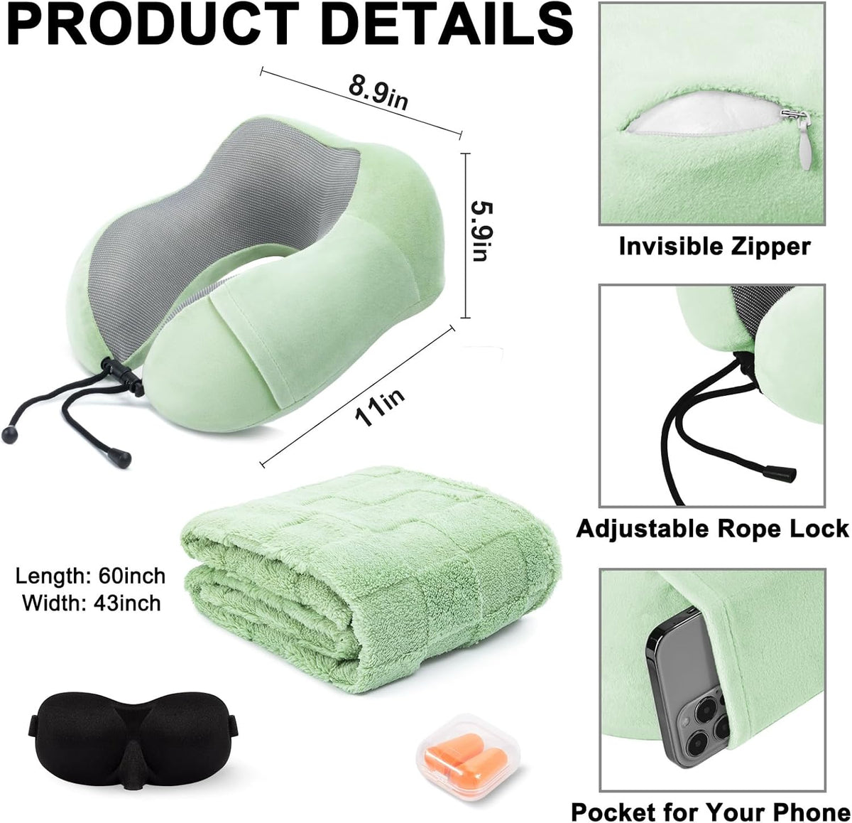 Travel Pillow and Blanket Set Neck Pillows Soft Blankets with Sleep Mask Travel Essentials for Airplane Car Memory Foam Blue Green