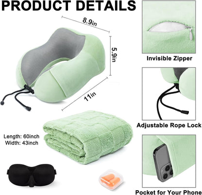 Travel Pillow and Blanket Set Neck Pillows Soft Blankets with Sleep Mask Travel Essentials for Airplane Car Memory Foam Blue Green