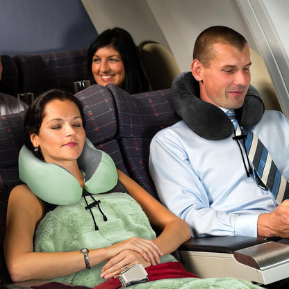 Travel Pillow and Blanket Set Neck Pillows Soft Blankets with Sleep Mask Travel Essentials for Airplane Car Memory Foam Blue Green