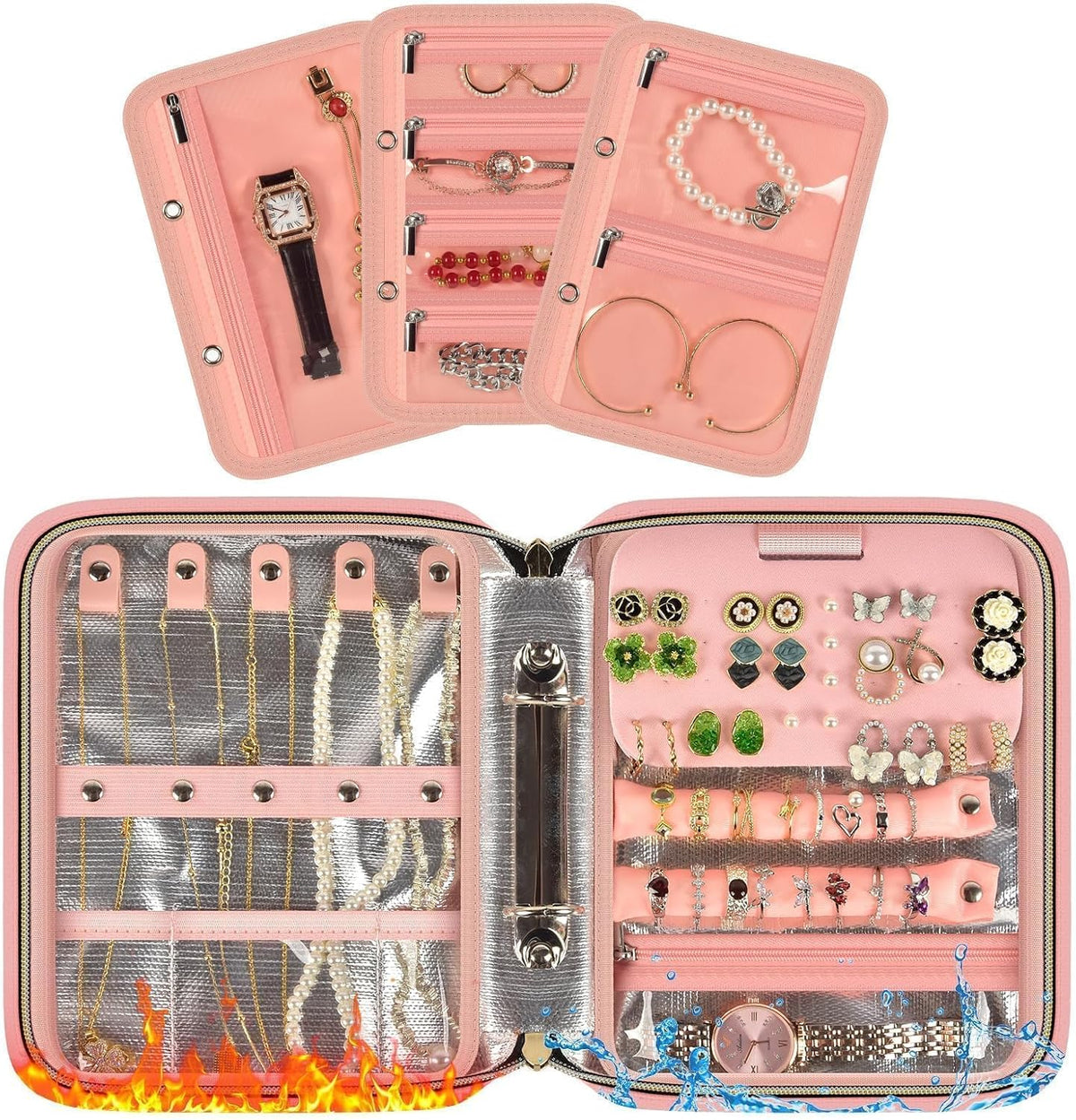 Fireproof Travel Jewelry Organizer Case with Lock for Women, Pink | Water-Resistant Hard Shell, 3 Removable Clear Pages and Adjustable Dividers Organize Jewelry at Home or While Traveling