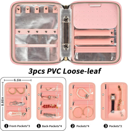 Fireproof Travel Jewelry Organizer Case with Lock for Women, Pink | Water-Resistant Hard Shell, 3 Removable Clear Pages and Adjustable Dividers Organize Jewelry at Home or While Traveling