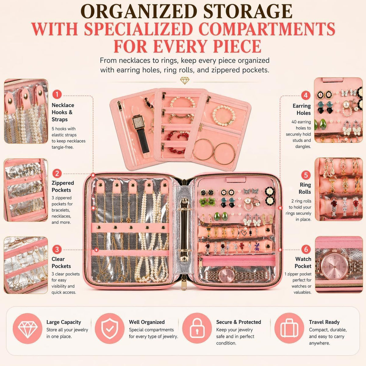 Fireproof Travel Jewelry Organizer Case with Lock for Women, Pink | Water-Resistant Hard Shell, 3 Removable Clear Pages and Adjustable Dividers Organize Jewelry at Home or While Traveling