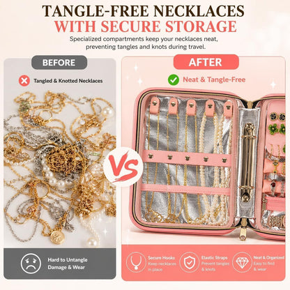 Fireproof Travel Jewelry Organizer Case with Lock for Women, Pink | Water-Resistant Hard Shell, 3 Removable Clear Pages and Adjustable Dividers Organize Jewelry at Home or While Traveling