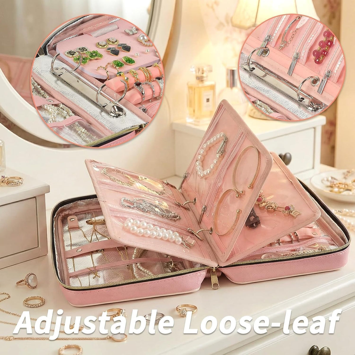 Fireproof Travel Jewelry Organizer Case with Lock for Women, Pink | Water-Resistant Hard Shell, 3 Removable Clear Pages and Adjustable Dividers Organize Jewelry at Home or While Traveling