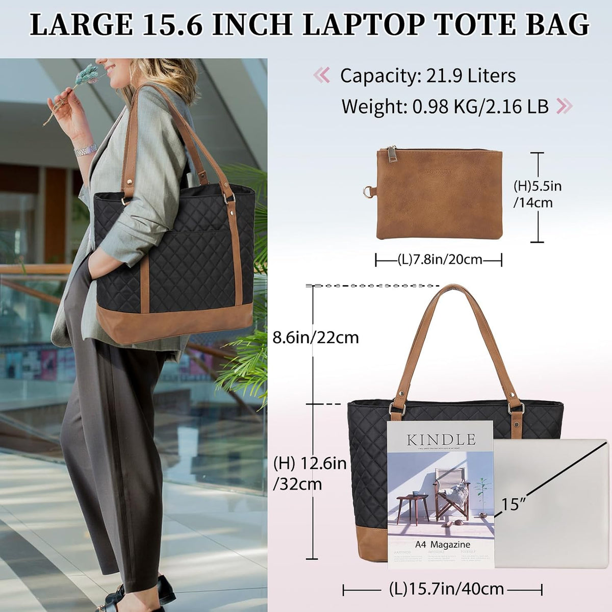 Laptop Tote Bag for Women, 15.6 Inch Computer Shoulder Bag Teacher Work Bag Travel Purse with Small Pouch VONXURY