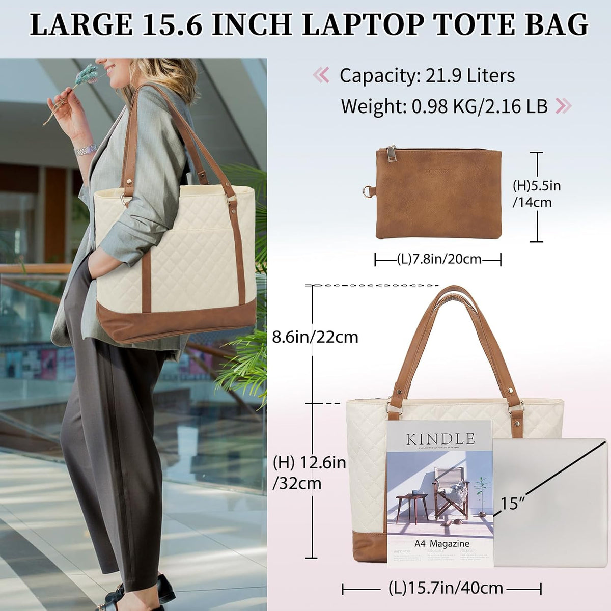Laptop Tote Bag for Women, 15.6 Inch Computer Shoulder Bag Teacher Work Bag Travel Purse with Small Pouch VONXURY