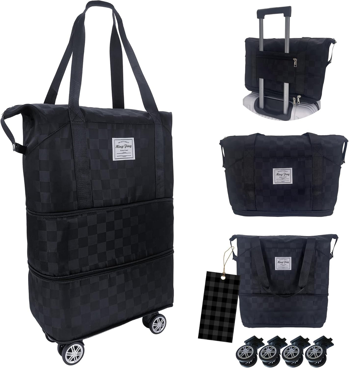 Expandable foldable duffel bag suitcase, detachable rolling wheels,carry-on large duffel bag,luggage bag,suit gym,camping,travel or business trip,Gift for wife and parents-Checkerboard(BLACK)