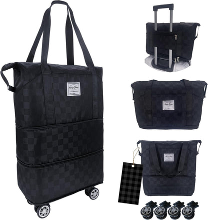 Expandable foldable duffel bag suitcase, detachable rolling wheels,carry-on large duffel bag,luggage bag,suit gym,camping,travel or business trip,Gift for wife and parents-Checkerboard(BLACK)