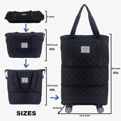 Expandable foldable duffel bag suitcase, detachable rolling wheels,carry-on large duffel bag,luggage bag,suit gym,camping,travel or business trip,Gift for wife and parents-Checkerboard(BLACK)