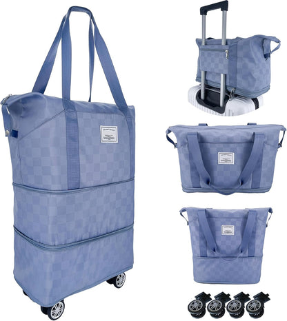 Expandable foldable duffel bag suitcase, detachable rolling wheels,carry-on large duffel bag,luggage bag,suit gym,camping,travel or business trip,Gift for wife and parents-Checkerboard(BLACK)
