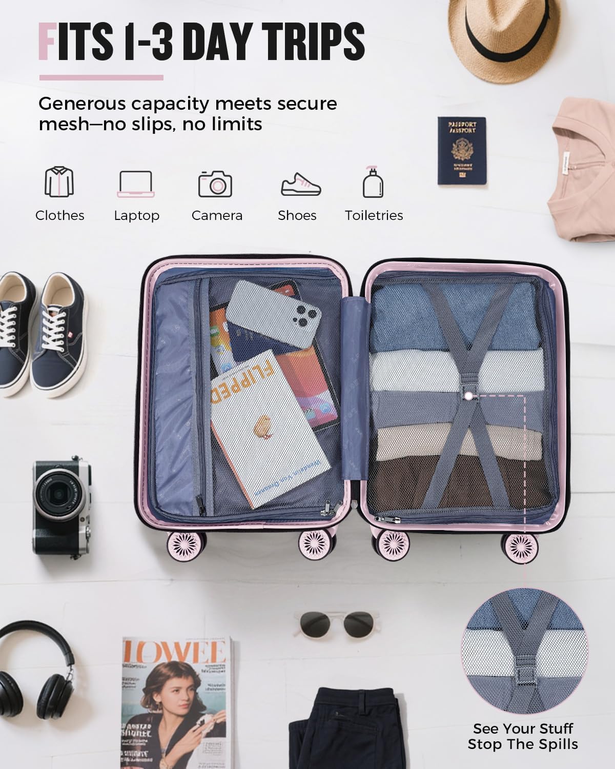 Lekesrping Underseat Carry On Luggage for Women, 16 Inch Stylish Lightweight Under Seat Carry on Suitcase with Multi-Compartment Layers & 360° Wheels for Airline TAS approved, light purple