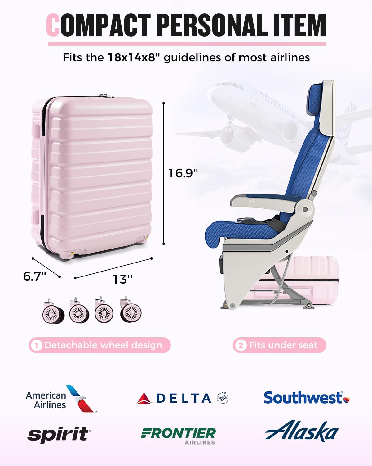Lekesrping Underseat Carry On Luggage for Women, 16 Inch Stylish Lightweight Under Seat Carry on Suitcase with Multi-Compartment Layers & 360° Wheels for Airline TAS approved, light purple