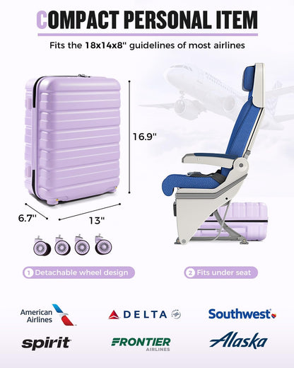 Lekesrping Underseat Carry On Luggage for Women, 16 Inch Stylish Lightweight Under Seat Carry on Suitcase with Multi-Compartment Layers & 360° Wheels for Airline TAS approved, light purple