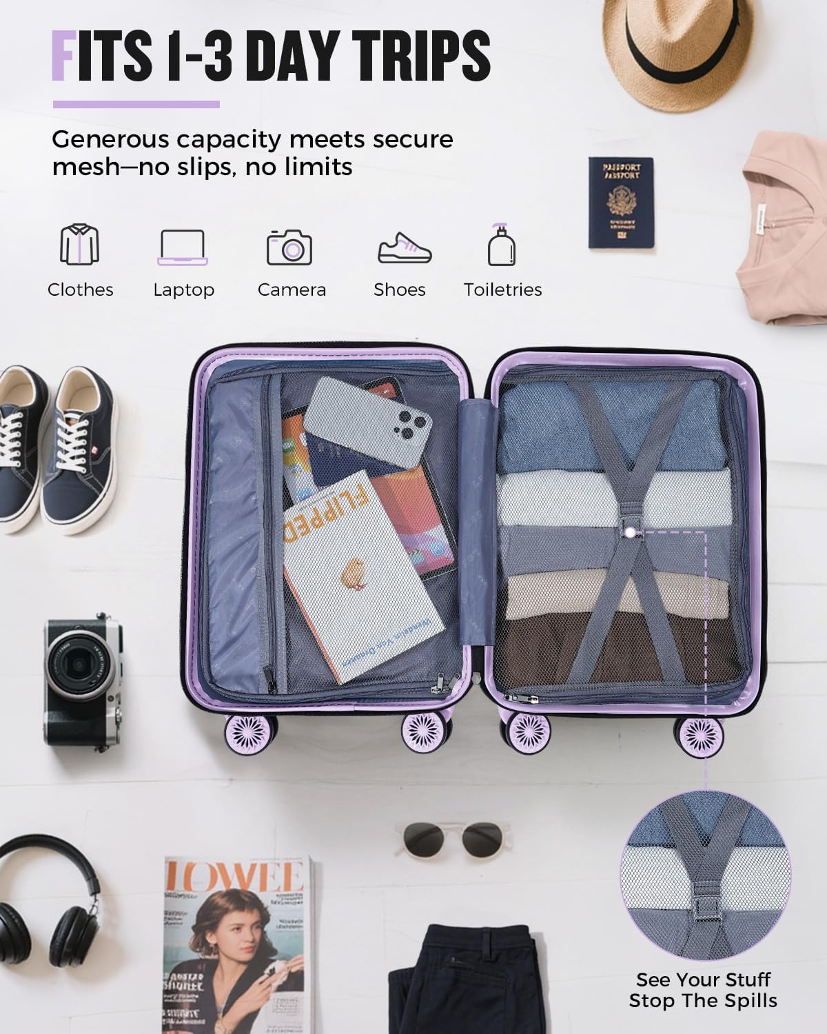 Lekesrping Underseat Carry On Luggage for Women, 16 Inch Stylish Lightweight Under Seat Carry on Suitcase with Multi-Compartment Layers & 360° Wheels for Airline TAS approved, light purple