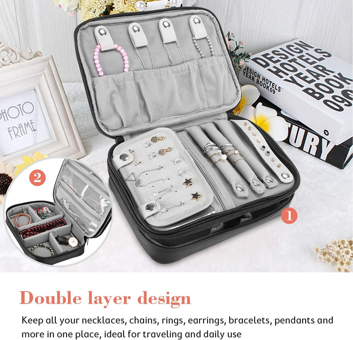 Travel Jewelry Case Organizer Bag, Soft Padded Jewelry Carrying Pouch Portable Storage Holder for Earrings Ring Necklace Bracelet Chain