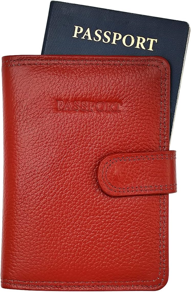 Classic Leather RFID Protective Passport + Vaccine Card Holder Wallet for Travel (Red)