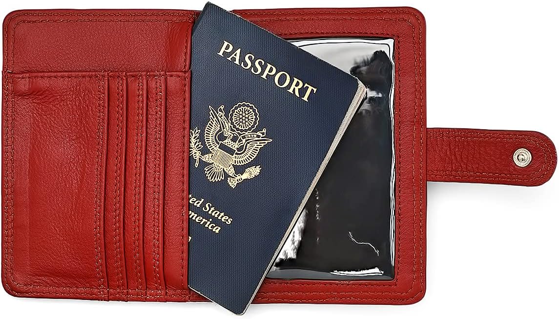 Classic Leather RFID Protective Passport + Vaccine Card Holder Wallet for Travel (Red)