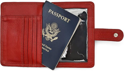Classic Leather RFID Protective Passport + Vaccine Card Holder Wallet for Travel (Red)