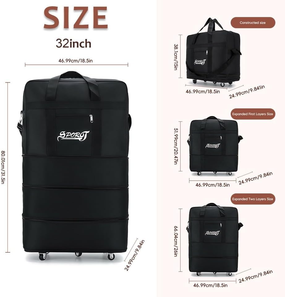 42" Large Expandable Wheeled Duffle Bag Foldable Rolling Travel Suitcase New