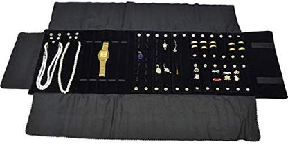 Black Velvet Roll-up Travel Bag Jewelry Pouches Organizer Carrying Display Case