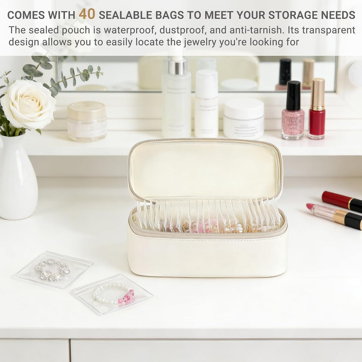 Travel Jewelry Case, Leather Travel Jewelry Organizer with 40 PVC Bags for Necklaces, Earrings, Rings, Bracelets Jewelry Box Storage Ideal for Trips & Gifts
