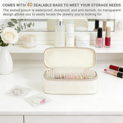 Travel Jewelry Case, Leather Travel Jewelry Organizer with 40 PVC Bags for Necklaces, Earrings, Rings, Bracelets Jewelry Box Storage Ideal for Trips & Gifts