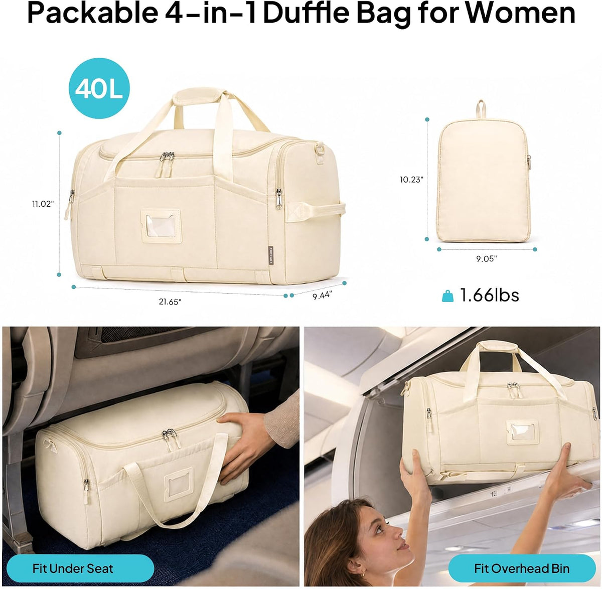 Foldable Duffle Bag for Travel, Large Travel Duffel Bags for Women | 4 in 1 Travel Backpack, Carry on Weekender Bags for Women Travel, 40L Capacity, Multi-Pocket, Water-resistant, Green