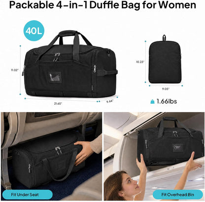 Foldable Duffle Bag for Travel, Large Travel Duffel Bags for Women | 4 in 1 Travel Backpack, Carry on Weekender Bags for Women Travel, 40L Capacity, Multi-Pocket, Water-resistant, Green