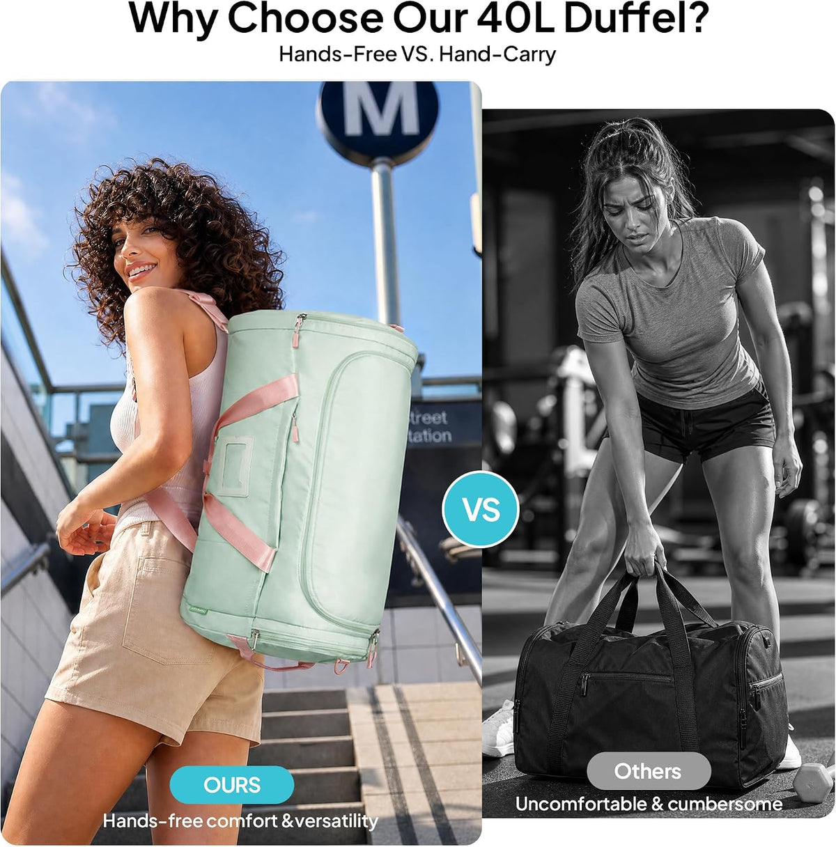 Foldable Duffle Bag for Travel, Large Travel Duffel Bags for Women | 4 in 1 Travel Backpack, Carry on Weekender Bags for Women Travel, 40L Capacity, Multi-Pocket, Water-resistant, Green