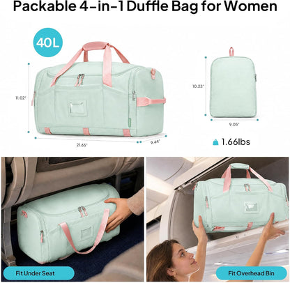 Foldable Duffle Bag for Travel, Large Travel Duffel Bags for Women | 4 in 1 Travel Backpack, Carry on Weekender Bags for Women Travel, 40L Capacity, Multi-Pocket, Water-resistant, Green