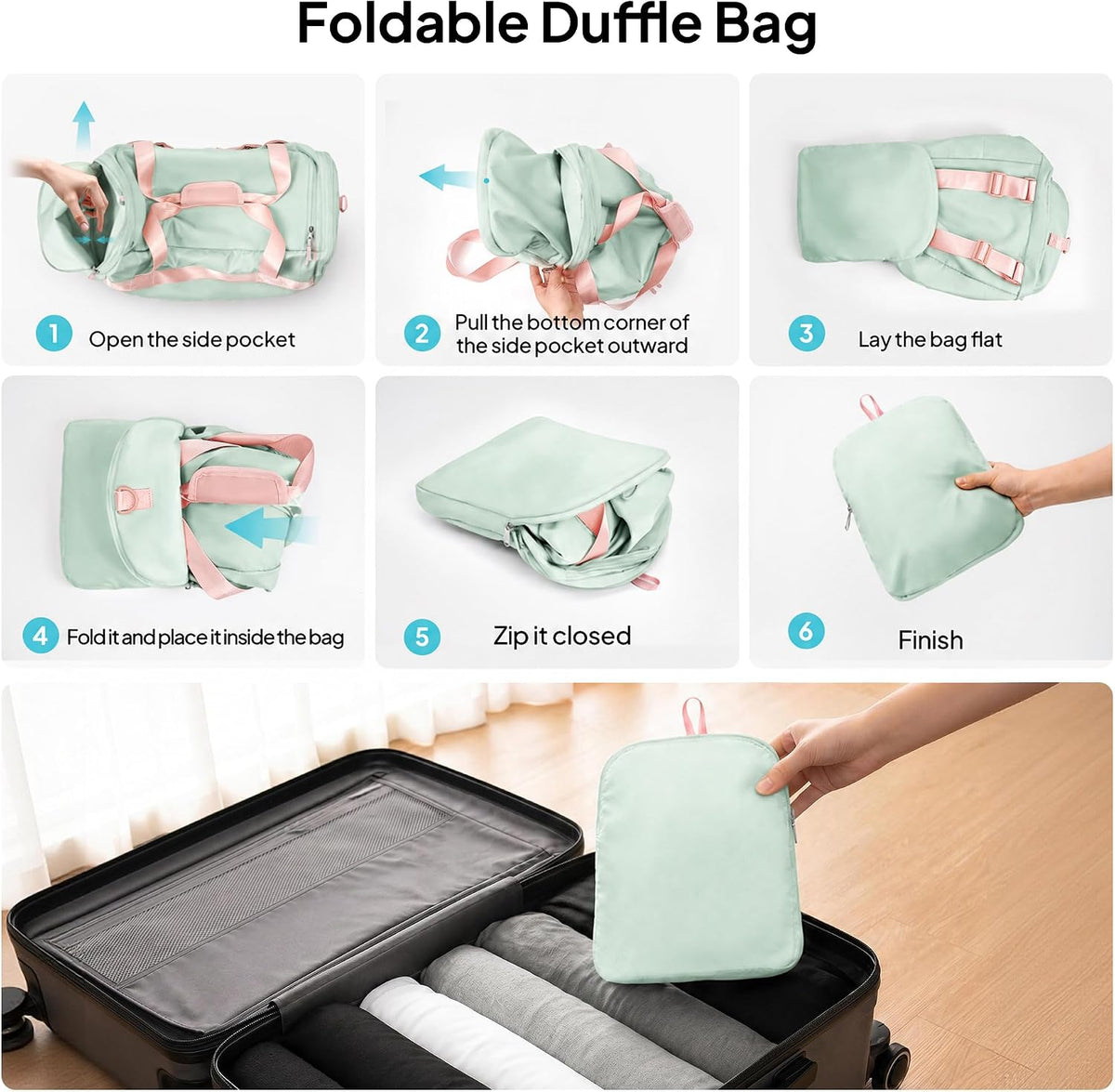 Foldable Duffle Bag for Travel, Large Travel Duffel Bags for Women | 4 in 1 Travel Backpack, Carry on Weekender Bags for Women Travel, 40L Capacity, Multi-Pocket, Water-resistant, Green