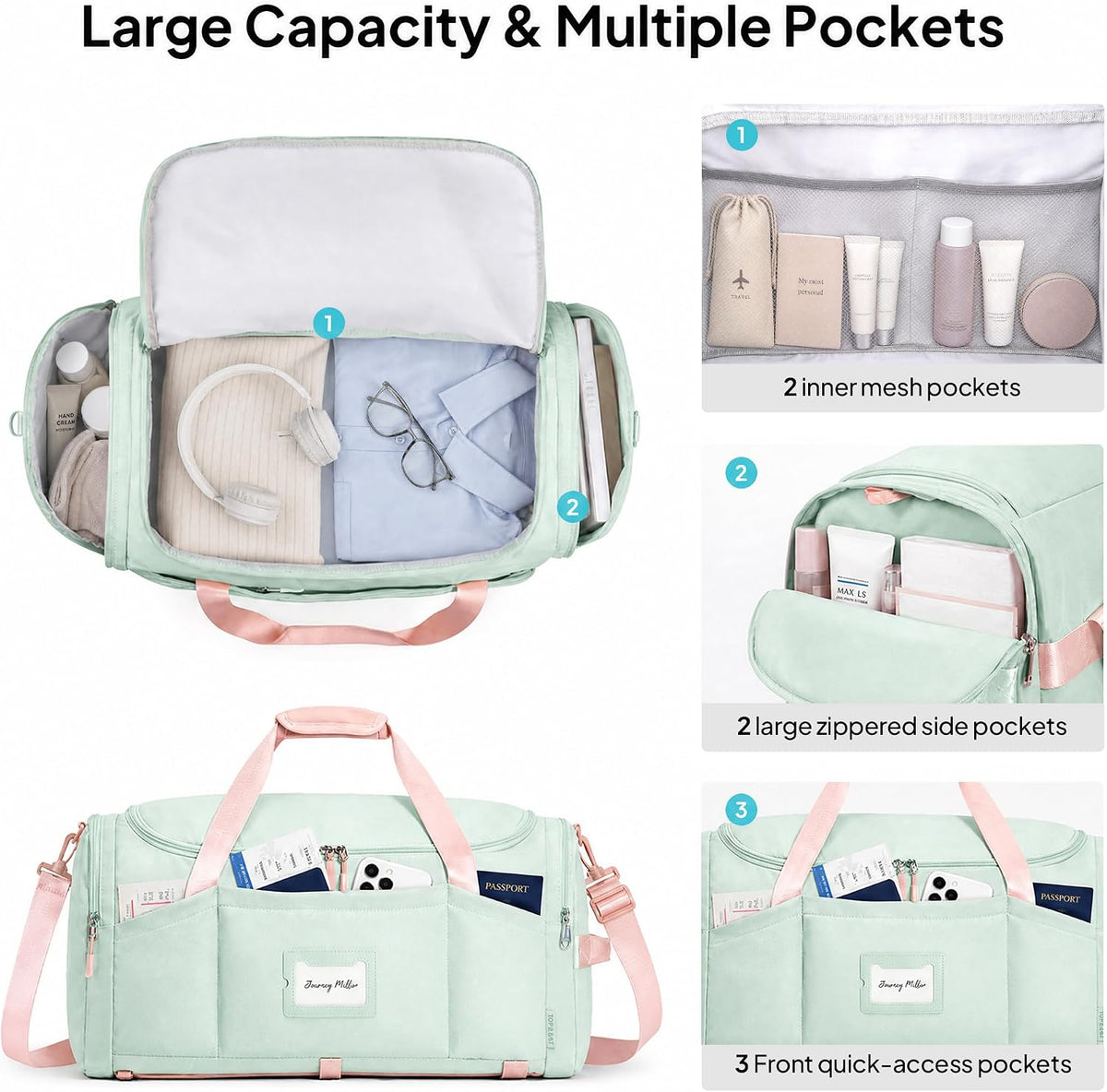 Foldable Duffle Bag for Travel, Large Travel Duffel Bags for Women | 4 in 1 Travel Backpack, Carry on Weekender Bags for Women Travel, 40L Capacity, Multi-Pocket, Water-resistant, Green