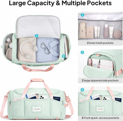 Foldable Duffle Bag for Travel, Large Travel Duffel Bags for Women | 4 in 1 Travel Backpack, Carry on Weekender Bags for Women Travel, 40L Capacity, Multi-Pocket, Water-resistant, Green