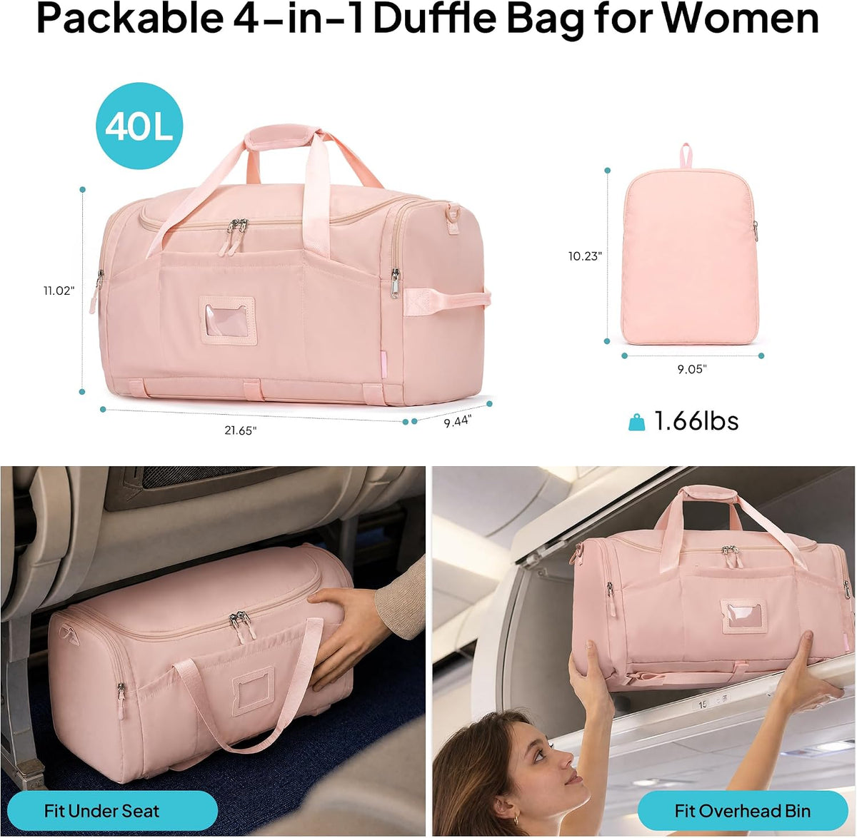 Foldable Duffle Bag for Travel, Large Travel Duffel Bags for Women | 4 in 1 Travel Backpack, Carry on Weekender Bags for Women Travel, 40L Capacity, Multi-Pocket, Water-resistant, Green