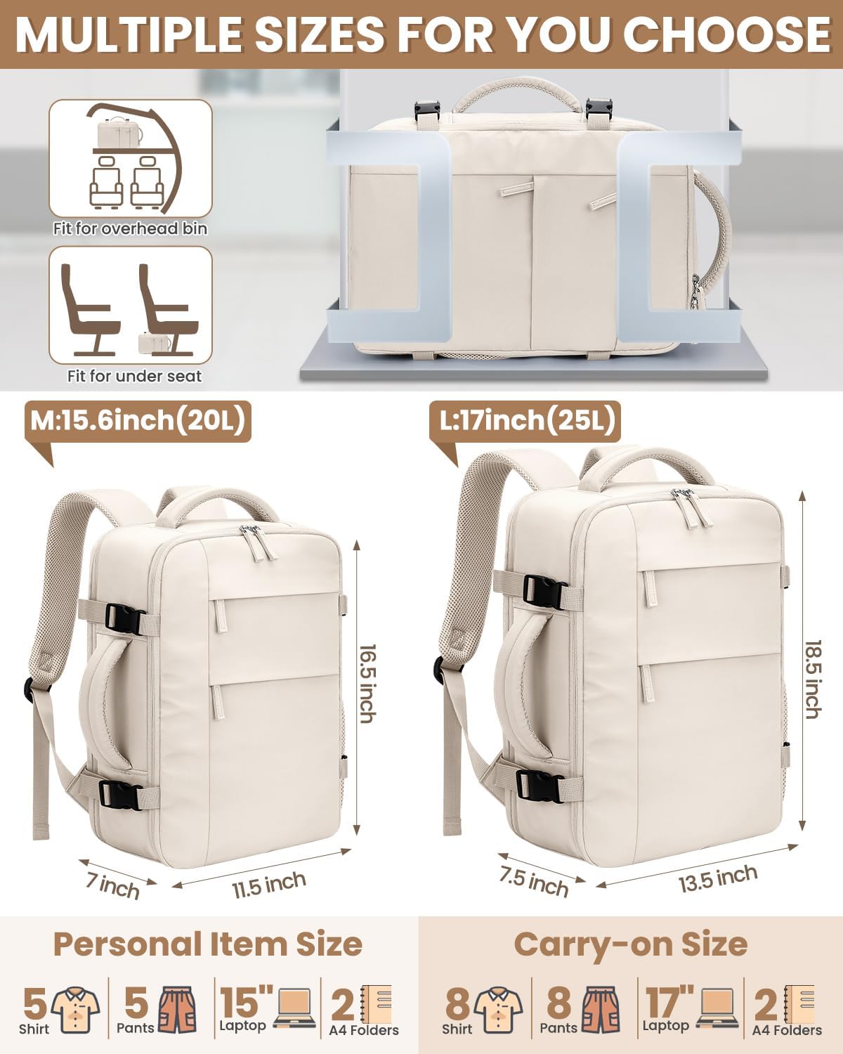 Travel Backpack for Women Man, Waterproof Personal Item Travel Bag Airline Approved Laptop Backpack Bookbag Weekender bags for Business,Travel, Work Fits 15.6 inch Laptop(Medium,Beige)