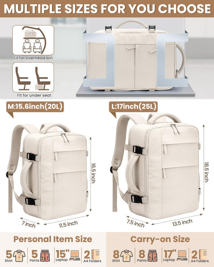Travel Backpack for Women Man, Waterproof Personal Item Travel Bag Airline Approved Laptop Backpack Bookbag Weekender bags for Business,Travel, Work Fits 15.6 inch Laptop(Medium,Beige)