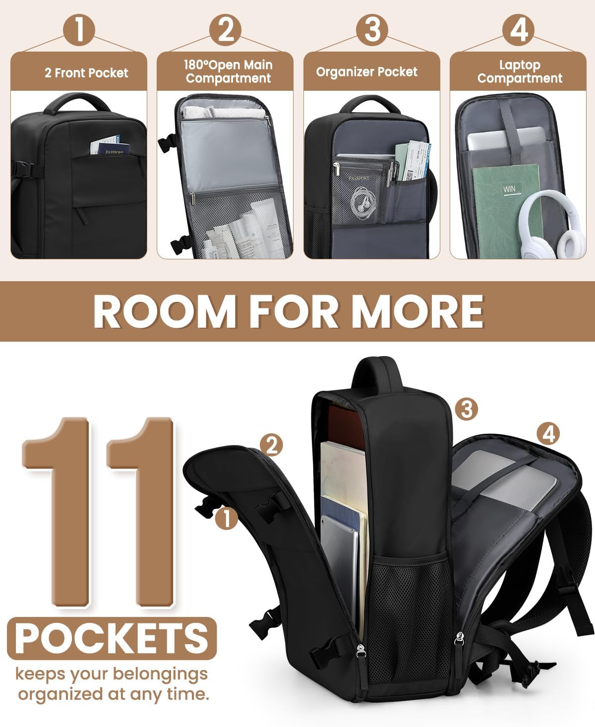 Travel Backpack for Women Man, Waterproof Personal Item Travel Bag Airline Approved Laptop Backpack Bookbag Weekender bags for Business,Travel, Work Fits 15.6 inch Laptop(Medium,Beige)