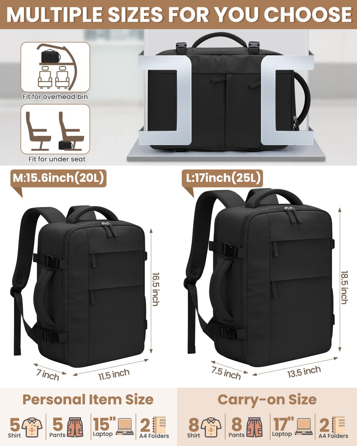 Travel Backpack for Women Man, Waterproof Personal Item Travel Bag Airline Approved Laptop Backpack Bookbag Weekender bags for Business,Travel, Work Fits 15.6 inch Laptop(Medium,Beige)